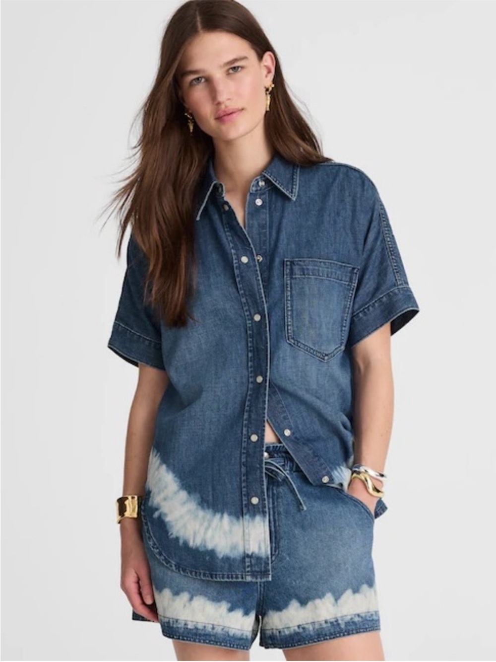NWT! Madewell Shibori Denim Short Sleeve Snap Front Shirt - Size S
